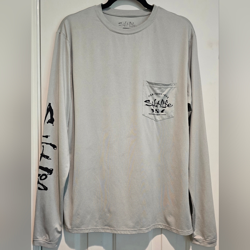 Men's Salt Life Watermans Trifecta SLX Long Sleeve Shirt Size Small Gray UV 30+